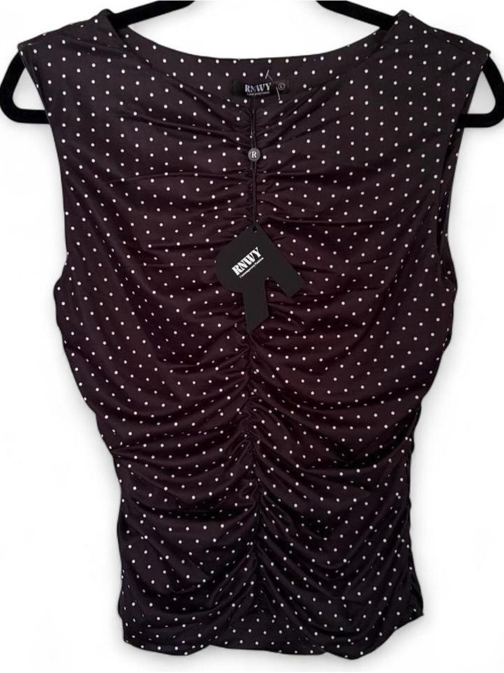 RNWY Classic Black Sleeveless Ruched Polka Dot Stretchy Top w White Dots L NWT